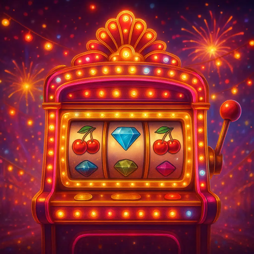 Carnival themed slot machine glowing with lights at Slottorama