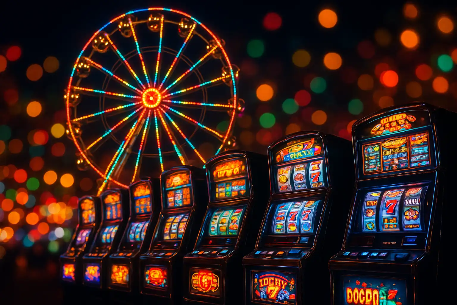 Carnival ferris wheel lit up at night above a row of slot machines