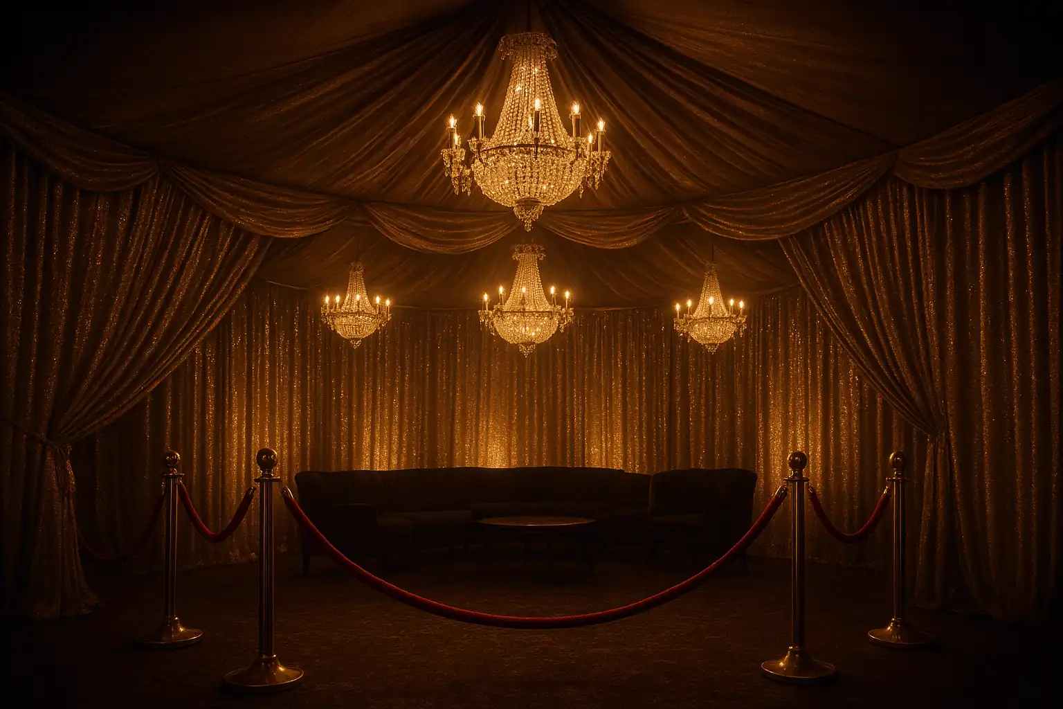 Golden VIP carnival tent with velvet ropes and glowing lights